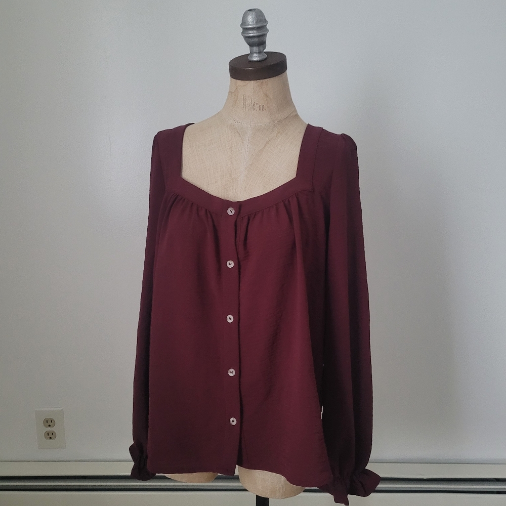 Wishlist Apparel S Cranberry Burgundy Peasant Blouse Flowy Long Sleeve Boho Top